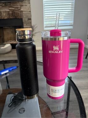 Stanley Hot Pink Travel Tumbler with Handle and Black tumbler